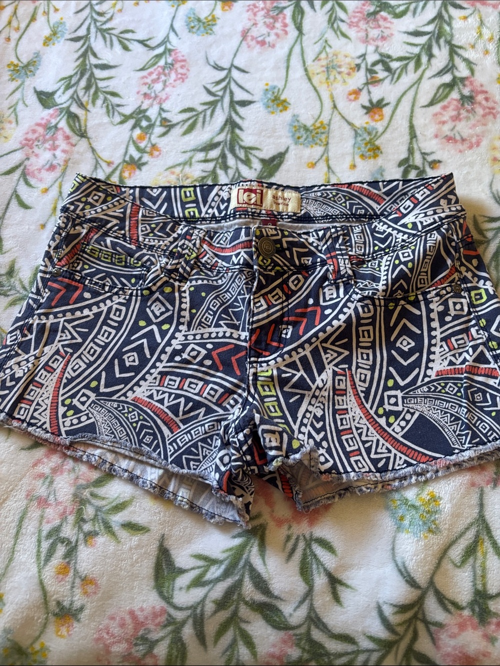 Printed Tribal Pattern Women's Shorts - Navy with Multicolor Accents